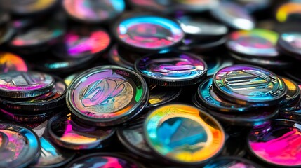Wall Mural - Pile of iridescent, colorful coins reflecting light.