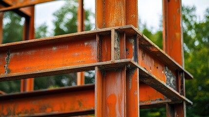 Poster - Rusted steel girders of an unfinished building in a forgotten industrial zone.