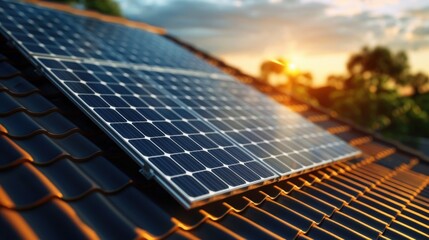 Wall Mural - A close-up of solar panels installed on a tiled roof, capturing the warm glow of a sunset, emphasizing renewable energy and sustainable technology.