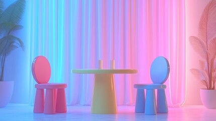 Poster - Pastel chairs and table in neon-lit room.