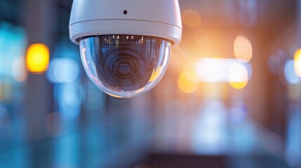 Poster - A security camera hangs in a modern, well-lit space, capturing the surroundings with a sleek design and advanced technology.