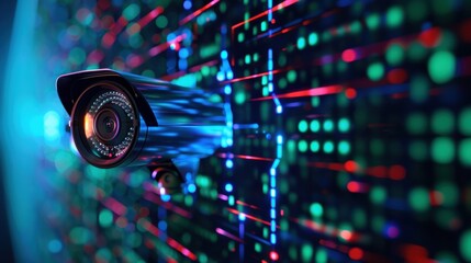 Poster - Security camera with colorful led lights mounted on a wall for surveillance and monitoring purposes