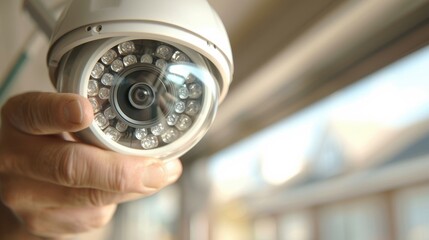 Poster - A hand holds a security camera, showcasing its lens and LED lights, highlighting its role in surveillance and safety.