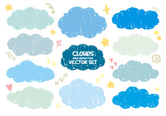 set of blue color wax crayon drawing fluffy cloud vector. hand drawn doodle weather sky pattern. chi