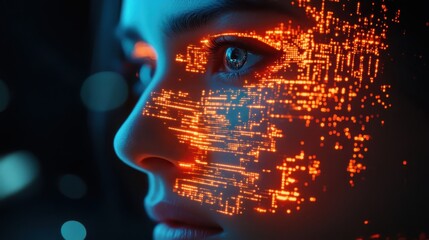 Poster - Woman's face with glowing orange digital pattern. Ideal for tech, AI, and futuristic themes.