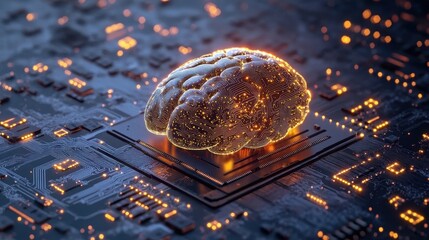 Poster - Glowing brain on circuit board, AI concept. Illustrates artificial intelligence, neural networks, and technological advancement.