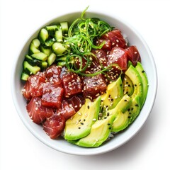 Wall Mural - Tuna Poke Bowl with Avocado Seaweed and Sesame