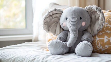 Wall Mural - A smiling stuffed elephant with soft fabric ears resting on a pillow