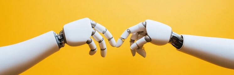 Poster - Two robotic hands reaching towards each other create a striking visual against a vibrant yellow background, symbolizing connection and the fusion of technology with humanity.