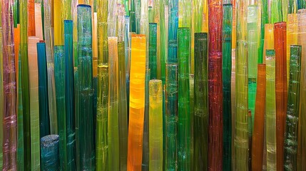 Poster - Colorful vertical glass sculptures create an artistic, vibrant atmosphere in a modern exhibit space. Generative AI