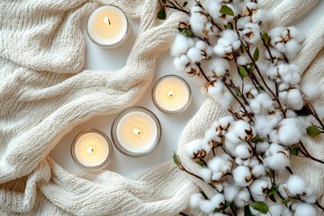 Cozy flatlay of candles, cotton, and knitwear. Perfect for blogs, websites, or social media promoting relaxation and comfort.