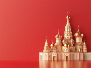 Golden Saint Basil's Cathedral model on red background, iconic architecture of Russia.