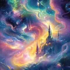 Poster - Celestial Castle Amidst Swirling Cosmic Clouds