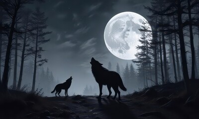 Wall Mural - Lonesome forest path illuminated by full moon with howling wolf silhouette,  wilderness,  eerie, full moon