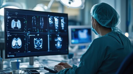 Poster - Medical Professional Analyzing Computer Screen with CT Scans and Medical Images in a Modern Hospital Environment