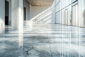 Poster - Sunlight filters through tall windows onto polished marble floors in a spacious modern building lobby. Generative AI
