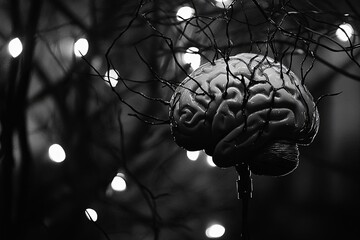 Poster - Artistic representation of a brain surrounded by tangled branches and soft glowing lights creating a surreal atmosphere. Generative AI