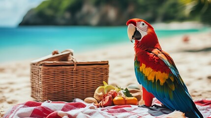 Wall Mural - A stuffed parrot sitting on a beach blanket next to picnic basket