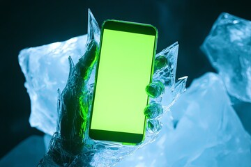 Poster - Holding a smartphone surrounded by ice, showcasing a vivid green display, symbolizing technology and cold. Generative AI