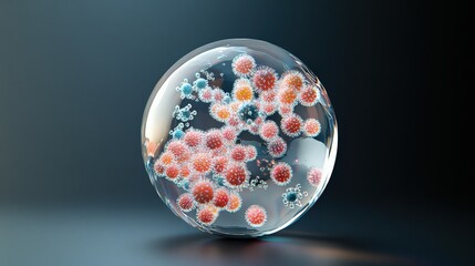 Poster - Detailed Illustration of a Transparent Sphere Containing Colorful Virus Particles and Microorganisms in a Scientific Conceptual Setting with a Dark Background