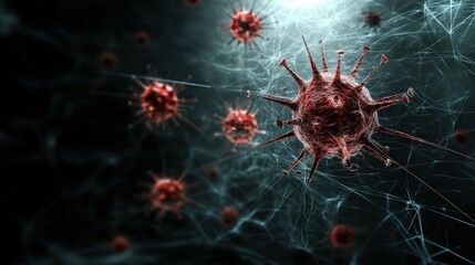 Poster - Abstract representation of viruses in a dark space with intricate web-like structures, showcasing the complexity and microscopic beauty of pathogens and their interactions in digital art