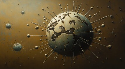 Poster - Intricate Digital Representation of a Virus Surrounded by Alien-Like Particles Featured in a Dark, Futuristic Background with Textured Details and Surreal Elements