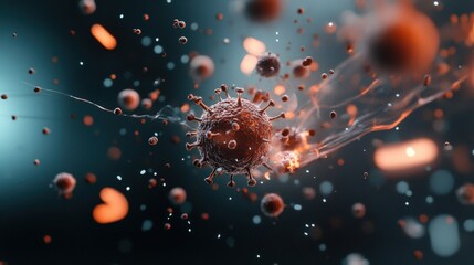 Poster - Intricate Visualization of a Virus Particle in a Dynamic Environment with Colorful Background Elements Representing Molecular Activity and Scientific Exploration
