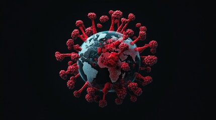 Poster - Global Pandemic Concept Represented by a 3D Model of Earth Surrounded by Red Virus Particles in a Dark Background, Symbolizing Health Crisis and Biological Threat