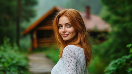 Smiling young woman with red hair wearing a white sweater, standing in front of a cozy wooden cabin surrounded by lush green forest.