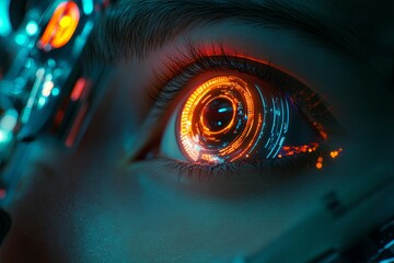 Poster - Futuristic close-up of a cybernetic eye with glowing elements in a high-tech environment. Generative AI