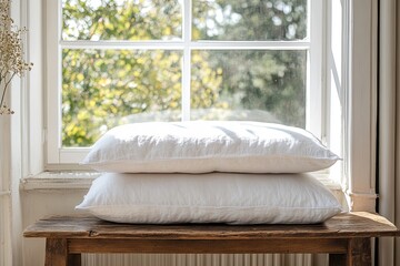 Poster - Soft white pillows resting on a wooden table near a sunlit window with greenery outside. Generative AI