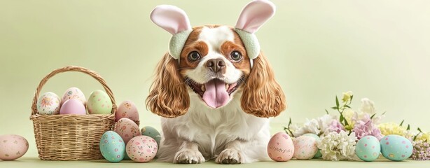 Wall Mural - Dog Portrait with Easter Bunny Ears Concept. Adorable dog with bunny ears amid Easter decorations and pastel eggs