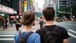 © Matt - Back view of a young couple wearing backpacks walking through a busy city street filled with advertisements and people.