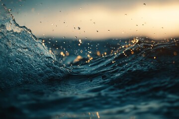 Poster - Close-up of ocean wave splashing at sunset.