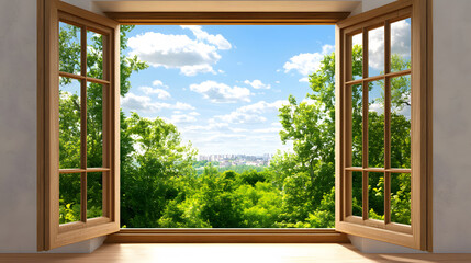 Aufkleber - A serene view from an open window showcasing lush greenery and a bright blue sky with fluffy clouds
