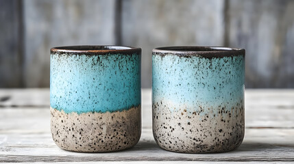 Poster - Two beautifully crafted ceramic cups showcase a stunning gradient of blue and beige against a rustic wooden background
