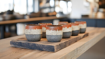 Poster - A display of beautifully crafted ceramic cups on a wooden tray, showcasing earthy colors and a rustic aesthetic in a contemporary setting