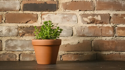 Poster - A small succulent plant in a terracotta pot against a rustic brick wall, creating a cozy and inviting atmosphere