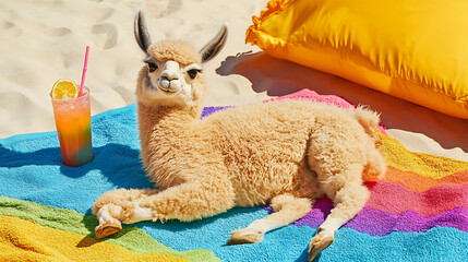 Wall Mural - Cute stuffed llama lying on beach towel with a colorful drink nearby