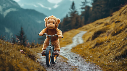 Wall Mural - Cute stuffed monkey riding a bicycle on winding mountain path