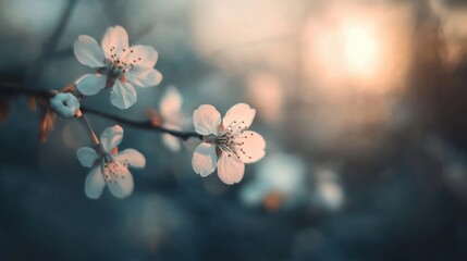 Wall Mural - Cherry blossoms bloom softly, bathing in the warm glow of spring light as evening sets in, creating a serene atmosphere