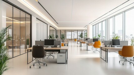 Poster - Bright Modern Office Setup with Minimalist Design and Plants