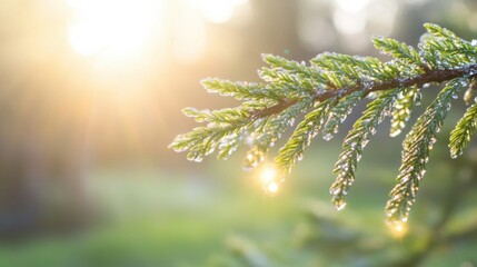 Wall Mural - Morning sunlight highlights a dewy Christmas tree branch adorned with delicate lights, creating a magical atmosphere in a serene setting