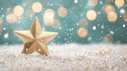 Wall Mural - A sparkling golden star ornament rests on a layer of fresh snow, surrounded by glowing bokeh lights in a winter wonderland