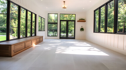 Aufkleber - A bright, spacious room featuring large windows, wooden accents, and a minimalist design, providing a serene view of nature