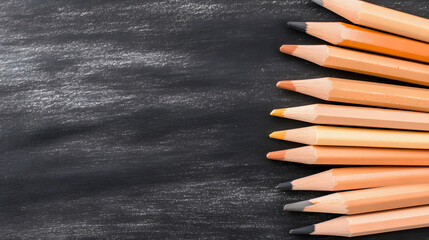 Poster - A row of sharpened colored pencils rests against a black chalkboard surface, showcasing their vibrant tips and wooden bodies