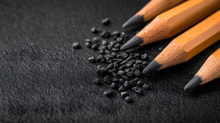 Aufkleber - A close-up of colored pencils resting on a dark surface, with graphite shavings scattered nearby, showcasing artistic tools and materials