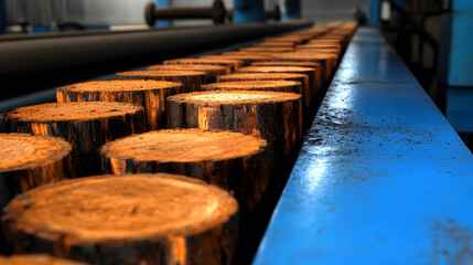 Poster - A close-up view of neatly arranged wooden logs on a conveyor belt in an industrial setting, showcasing the texture and color of the wood