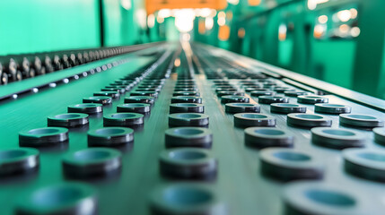 Poster - A close-up view of a conveyor belt with metal fasteners, set against a vibrant green background, showcasing industrial machinery and components
