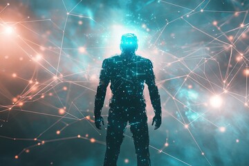 Poster - Silhouette of a man surrounded by glowing digital connections and floating particles in a futuristic environment. Generative AI